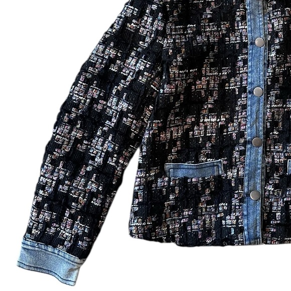 Ecru Black Mixed Media Tweed Houndstooth Denim Blazer Jacket Petite Small PS - Picture 7 of 13
